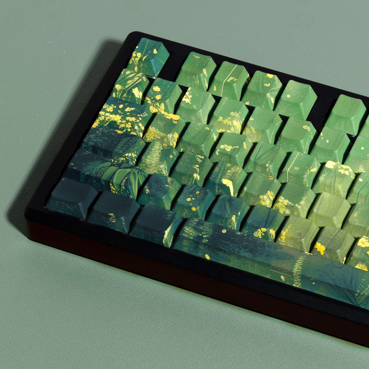 Midsummer PBT keycaps set showcase vibrant, refreshing aesthetic, clean legends, serene palette from artistic angles.