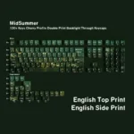 Midsummer PBT keycaps set in vibrant, refreshing colors from multiple angles, showcasing clean legends and a minimalist design that evokes serene summer design.