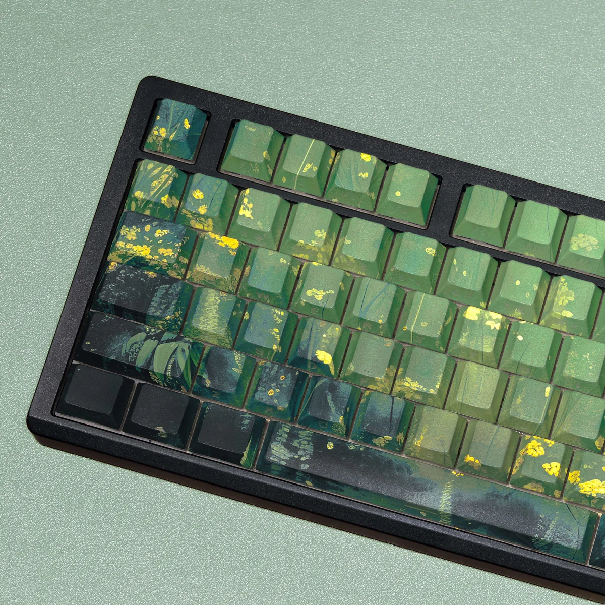 Vibrant Midsummer PBT keycaps set on a keyboard, highlighting their refreshing aesthetic, clean legends, and serene summer colors. Minimalist and artistic design.