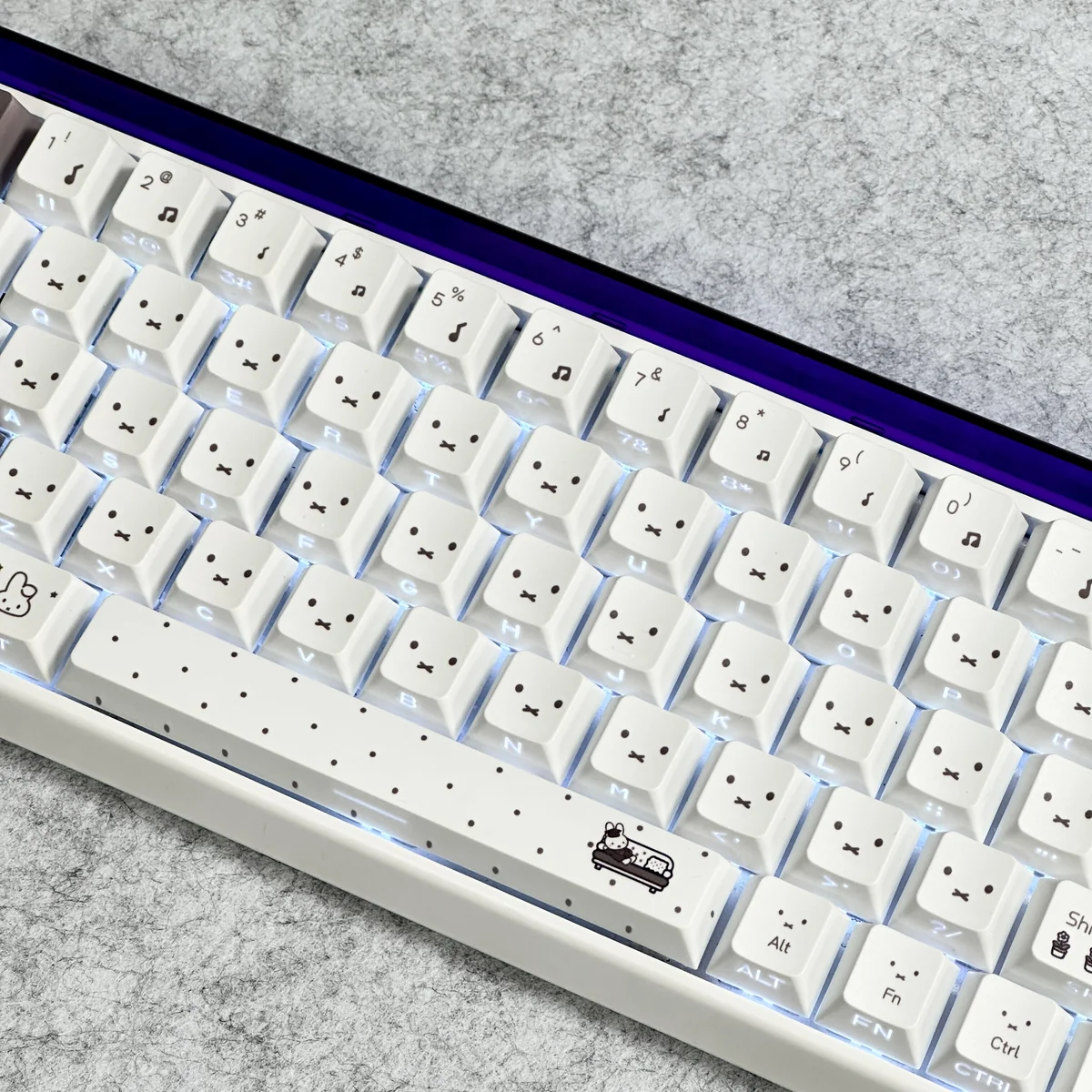 A delightful Miffy PBT keycap set, showcasing individual translucent side-printed keycaps from various angles, highlighting their playful glow and durable PBT.