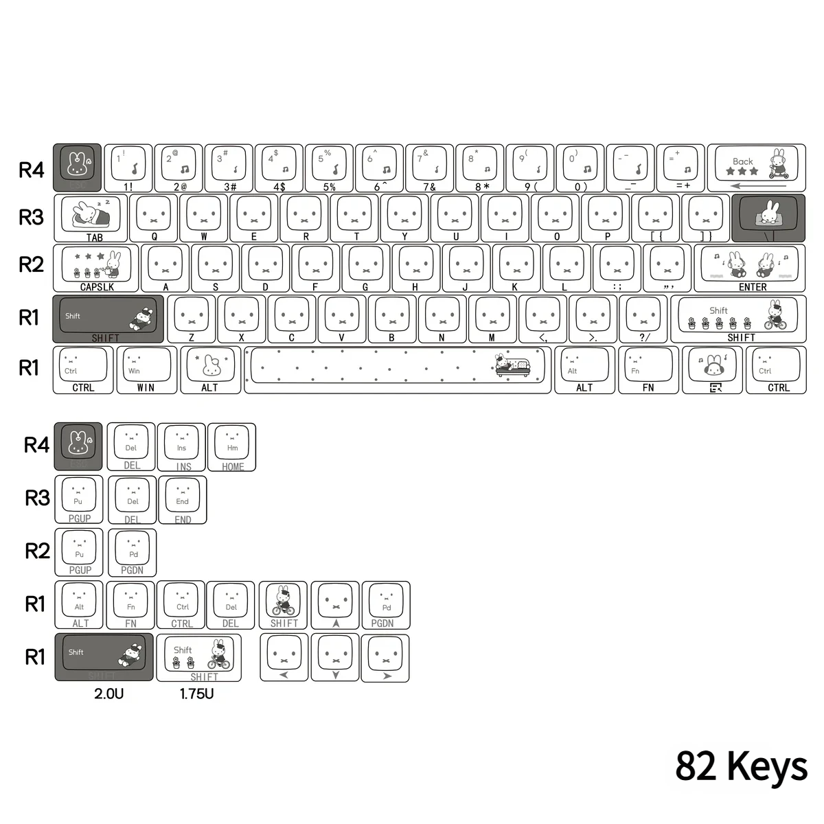 Playful Miffy PBT keycaps set, showcasing translucent side-printed legends from various angles, highlighting their unique glowing effect and durable PBT material.