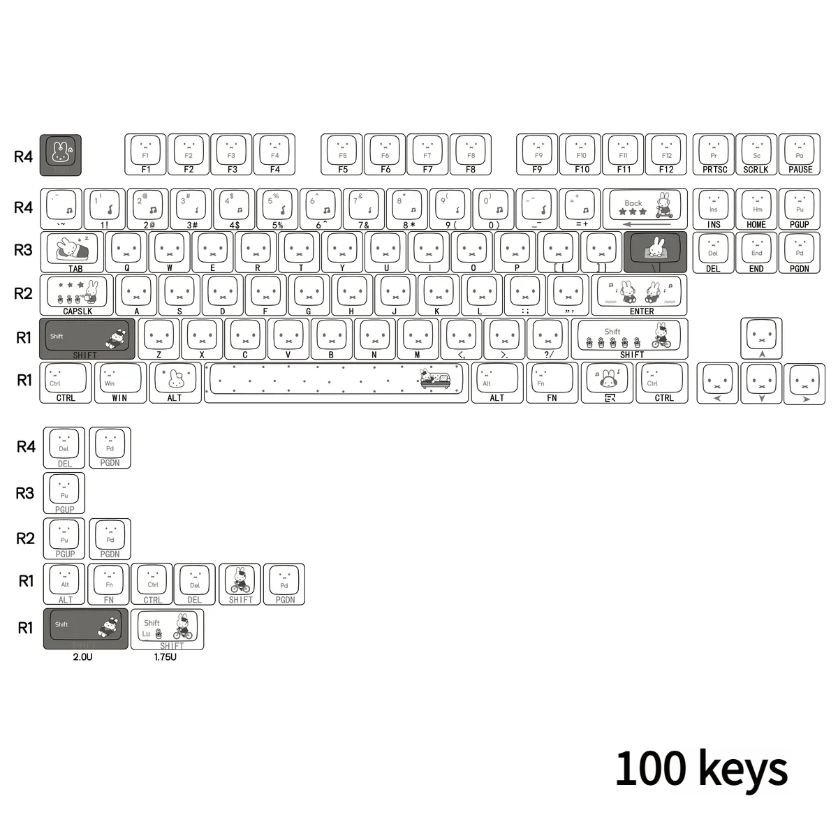 Whimsical Miffy PBT keycaps set for 75-87 layout, showcasing playful side-printed translucent legends that glow, offering a durable and unique aesthetic.