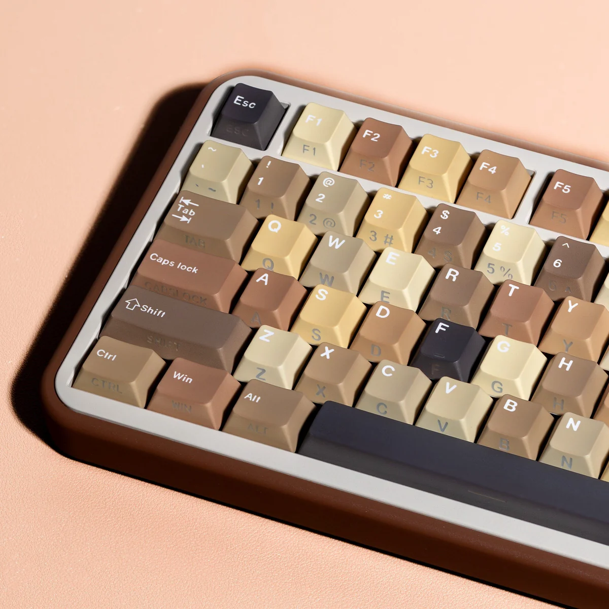 Detailed view of Cozy Milk Coffee PBT keycaps Set, Cherry profile, highlighting their durable comfort and warm, minimalist cream and soft brown aesthetic.