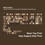 Cozy Milk Coffee PBT Keycaps Set (Cherry profile) in a gallery. Warm, creamy white and soft brown tones highlight durable comfort and premium minimalist design.