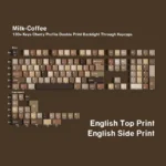 Cozy Milk Coffee PBT keycaps set, Cherry profile. Angles reveal warm, creamy brown and white tones, ensuring durable comfort and a premium minimalist style.
