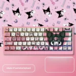 Playful Kuromi PBT dye-sub keycap set designed for 68-key mechanical keyboards, showcasing mischievous dark art. Durable Cherry profile, perfect for fans.