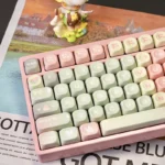 Close-up views of the whimsical pink Gradient Melon MOA PBT keycap set, revealing its sweet melon-inspired pastel hues and charming, playful design from various angles.