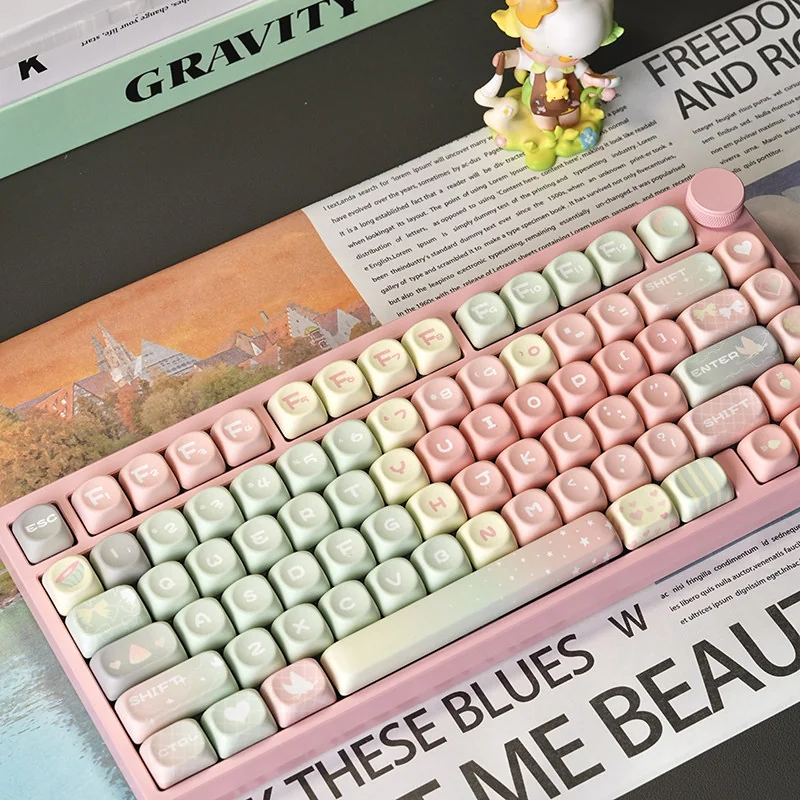Whimsical Pink Gradient Melon MOA PBT Keycap Set displayed, showcasing its delightful soft pink to white pastel transition, perfect for a cute keyboard aesthetics.