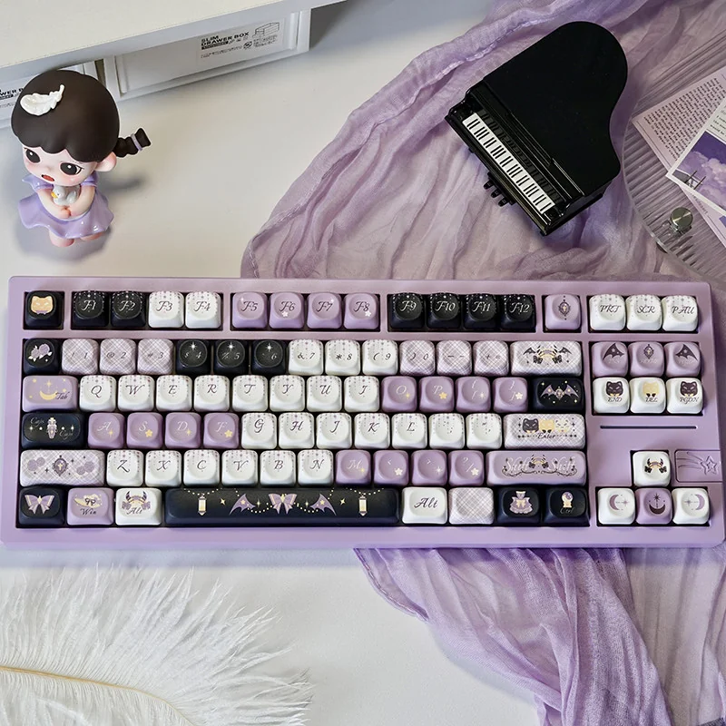 A close-up of the unique Star Weaver Witch MOA PBT Keycaps set, featuring mystical celestial and witchy fantasy designs for a captivating keyboard.