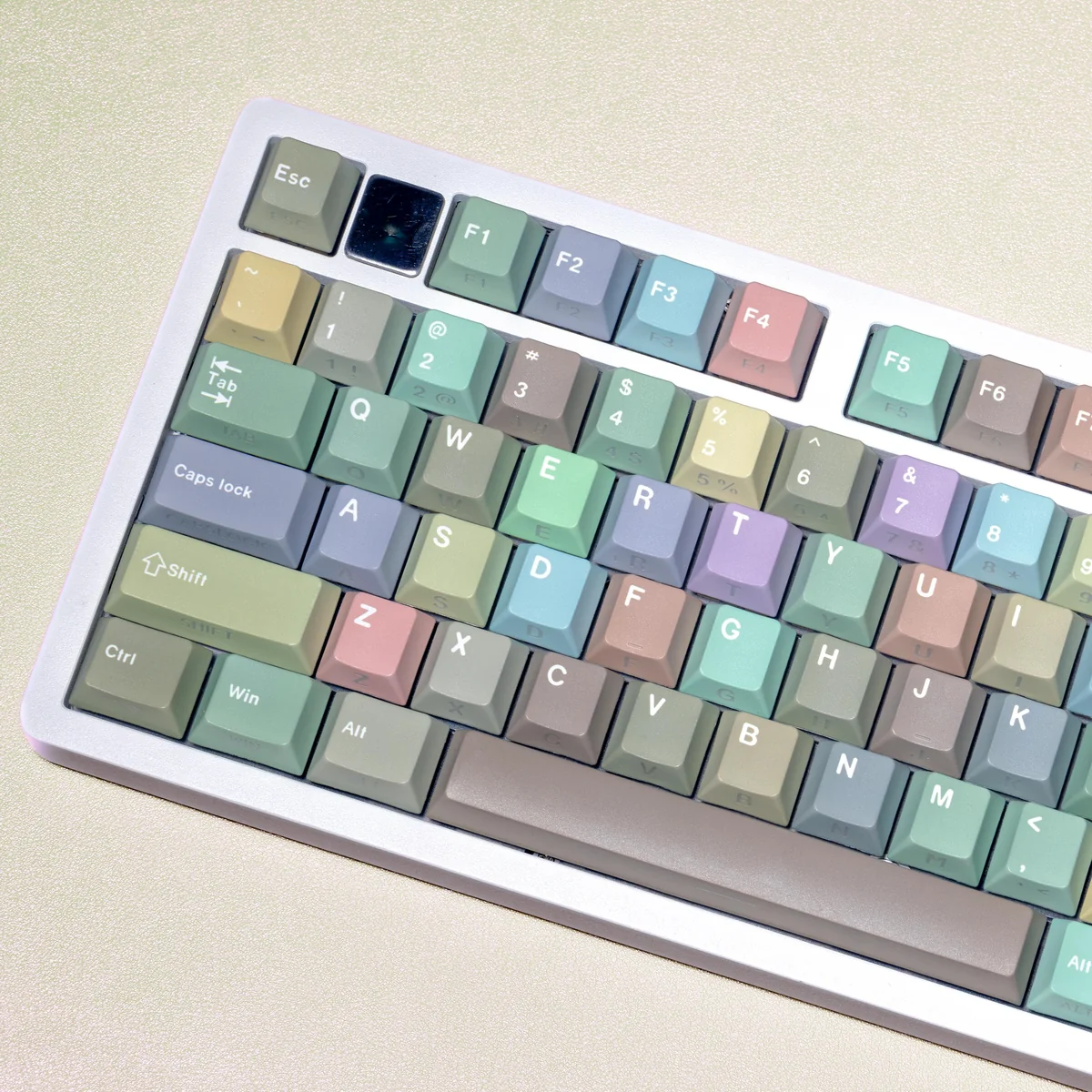 Morandi PBT Keycap Set product gallery, showcasing its muted, desaturated Morandi color palette and clean lines from multiple angles for keyboard.