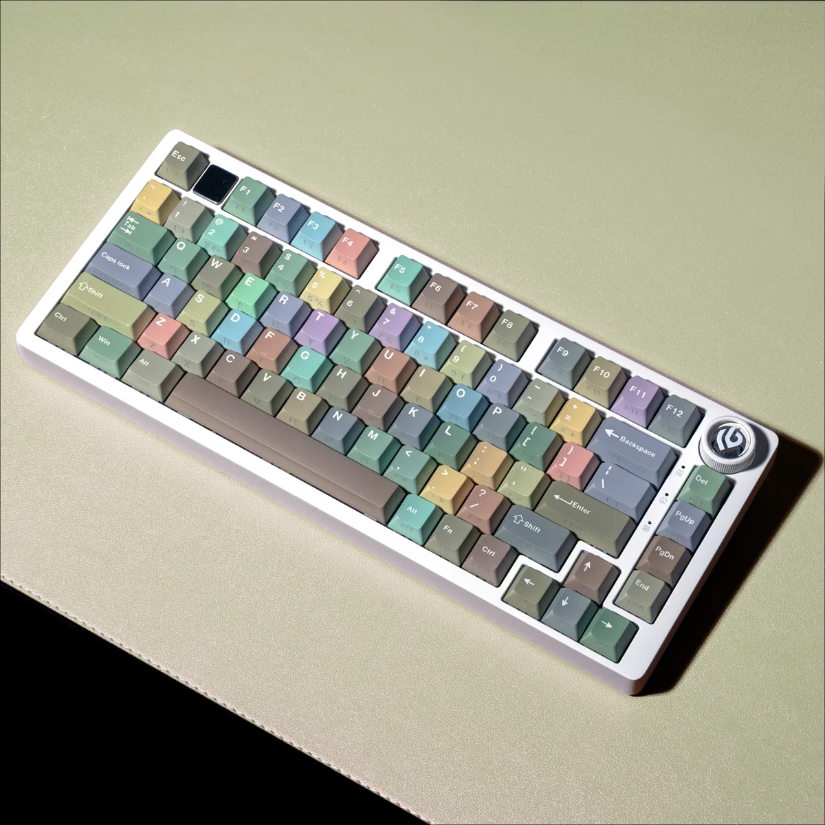A close-up view of the Morandi PBT Keycap Set, showcasing the muted, desaturated color palette and clean lines for an understated, elegant keyboard aesthetics.