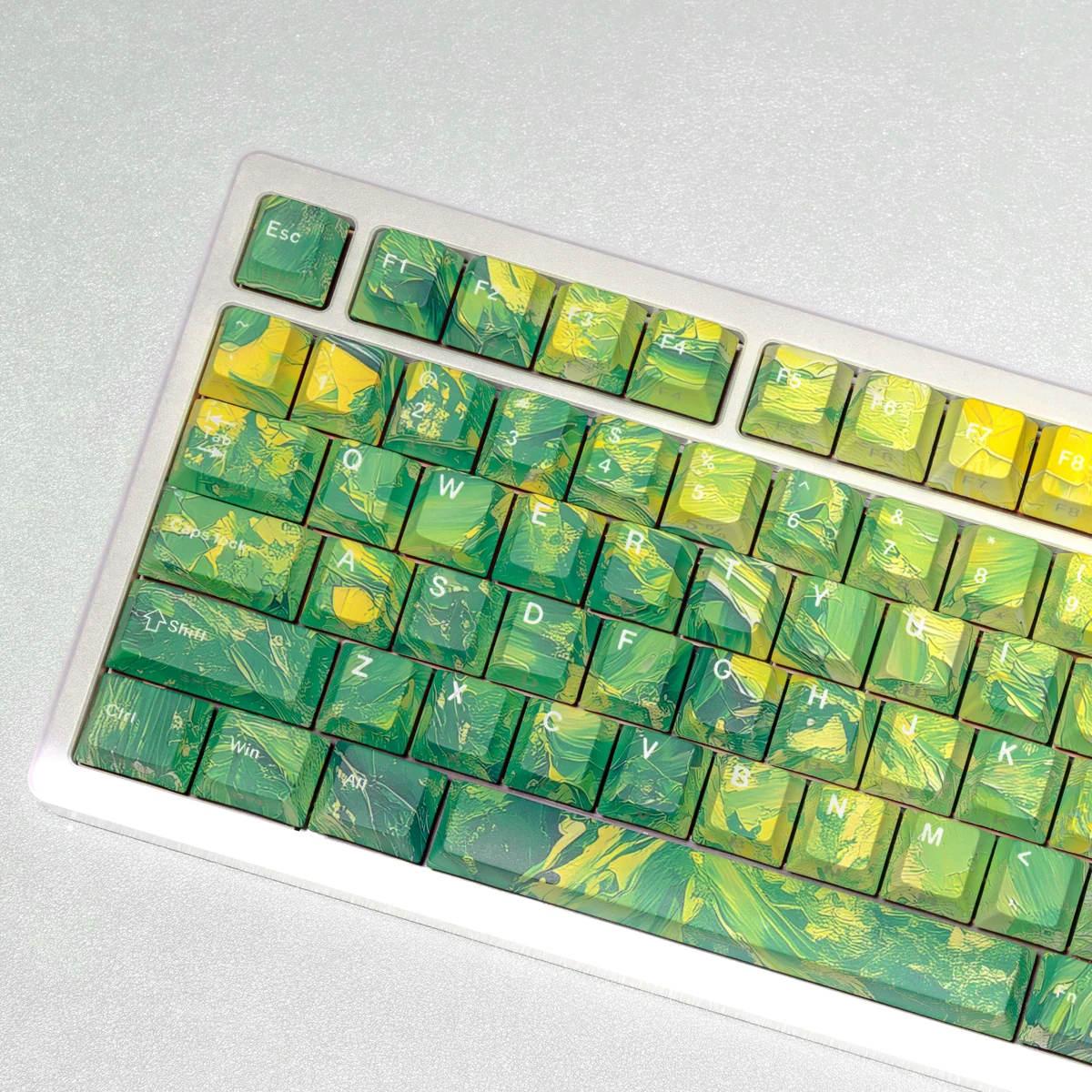 A collection of Multi-Color PBT keycaps set showcasing their dynamic palette and playful energy, perfect for personalized keyboard styling from various angle.