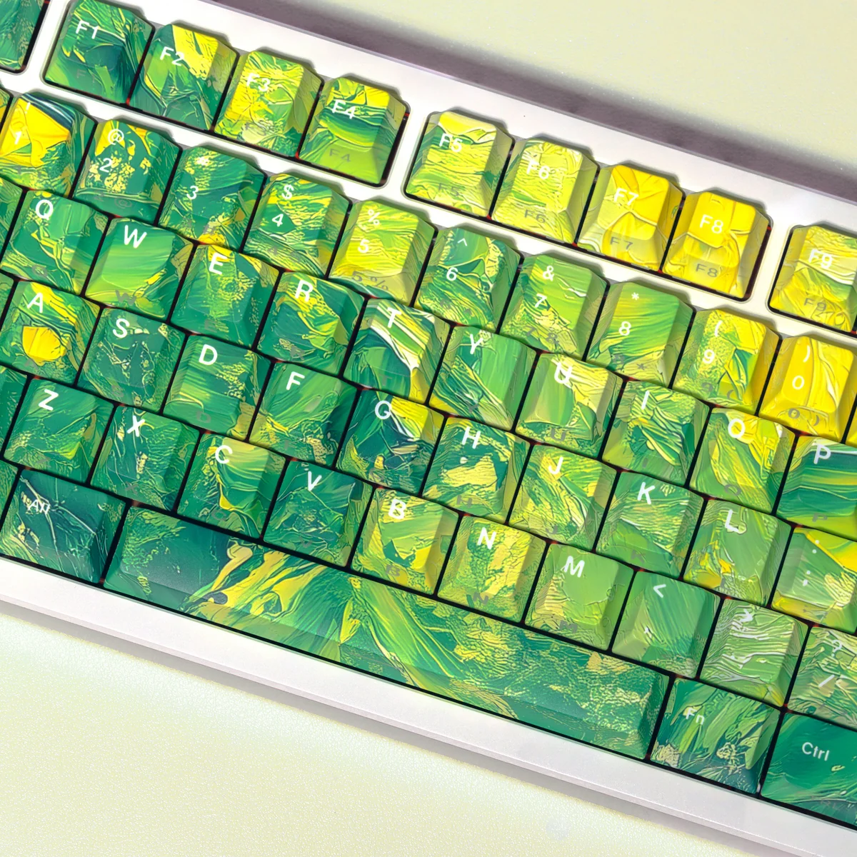 A collection of Multi-Color PBT keycaps set displayed from various angles, showcasing their dynamic palette and playful energy for personalized keyboard.