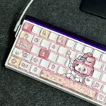 Whimsical My Melody PBT doubleshot backlit keycap set, featuring its pastel pink aesthetic and clean side-printed legends from multiple angles.