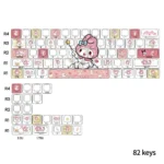 Whimsical gallery views of the My Melody PBT doubleshot backlit keycap set, displaying its adorable pastel pink aesthetic and crisp side-printed legends.