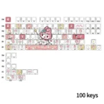 A whimsical My Melody PBT doubleshot keycap set in pastel pink, featuring clean side-printed legends that glow, perfect for 75-87 layout keyboards.