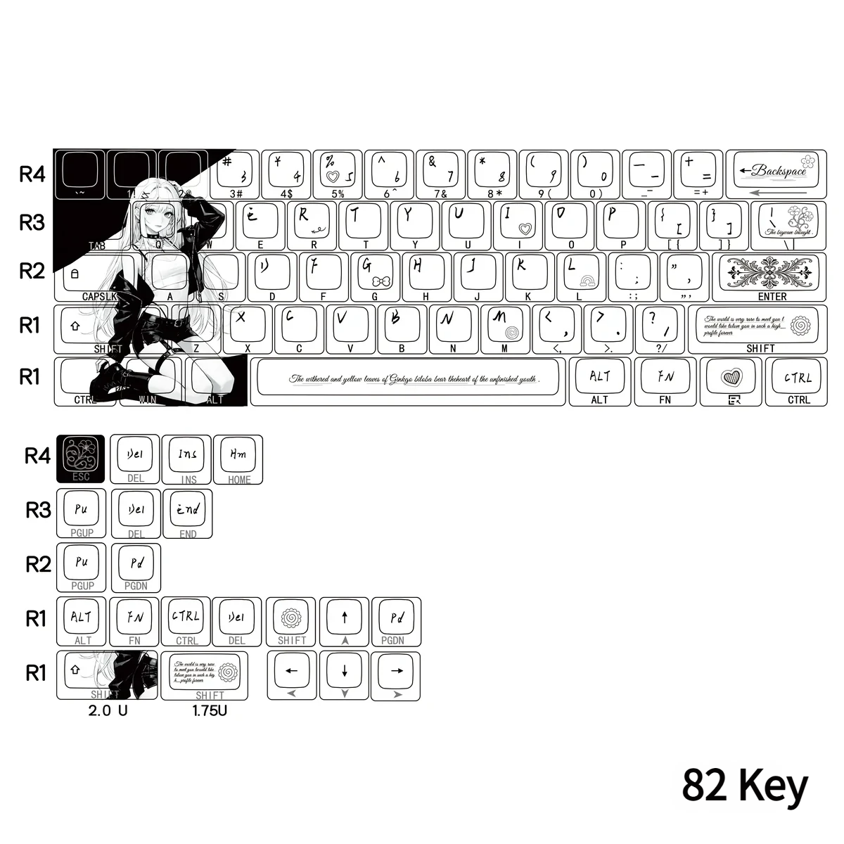 Nako PBT Keycaps Set. Multiple views showcase side-engraved, backlit Cherry PBT keycaps with subtle original character art and clean aesthetic.