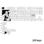 Nako PBT Keycaps Set gallery. Artistic close-ups of subtle character art and minimalist side-engraved, backlit PBT legends, highlighting the clean Cherry Profile.