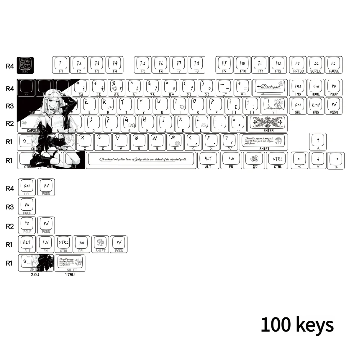 Nako PBT Keycaps Set gallery. Artistic close-ups of subtle character art and minimalist side-engraved, backlit PBT legends, highlighting the clean Cherry Profile.