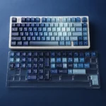 Premium Ocean Heart PBT keycap set views, featuring deep ocean blues, pristine, and aquatic motifs from multiple angles, emphasizing durable material.