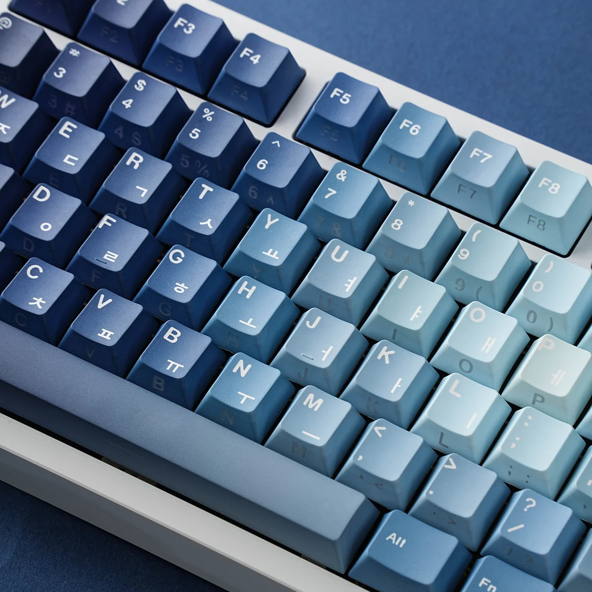 Detailed gallery views of the Ocean Heart PBT Keycap Set, showcasing its deep ocean blues, pristine, aquatic motifs, premium PBT build.