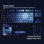 Premium Ocean Heart PBT keycap set featuring deep ocean blues and pristine, showcasing durable Korean legends for a unique aesthetic.