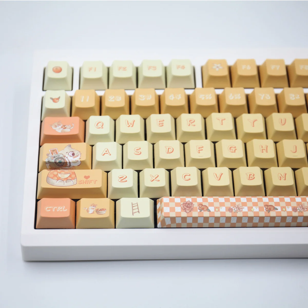 Vibrant Orange Garden PBT Dye-sub Keycaps Set, Nature Set. Detailed views show artistic botanical oranges and foliage from various angles.
