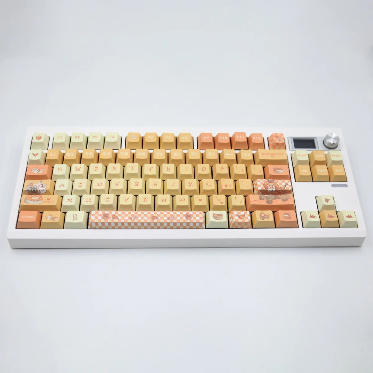 Vibrant Orange Garden PBT Dye-sub Keycaps Set main display, featuring a fresh botanical design with sun-kissed oranges and lush foliage. Artistic keyboard.