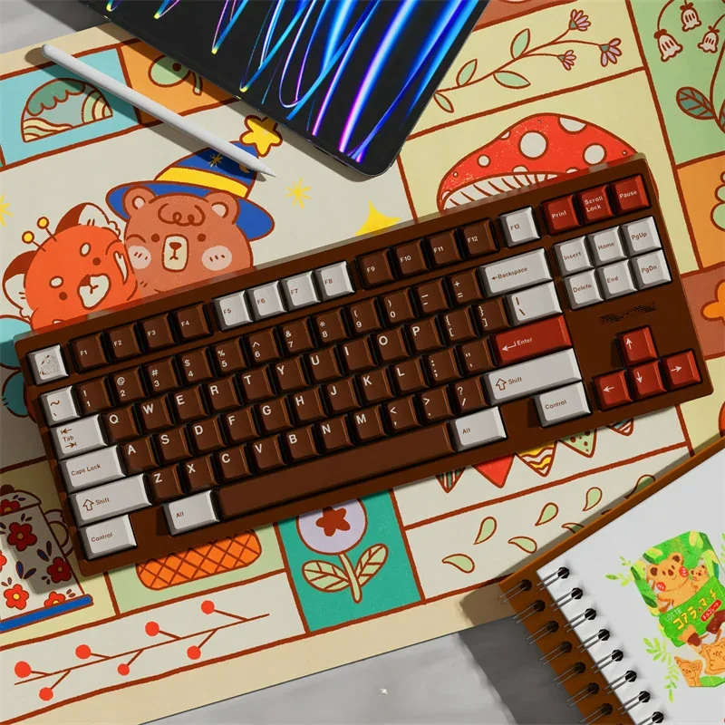 Charming Pancoon Keycaps Set, a playful PBT dye-sub set showcasing adorable panda motifs and vibrant, nature-inspired aesthetics on a keyboard.