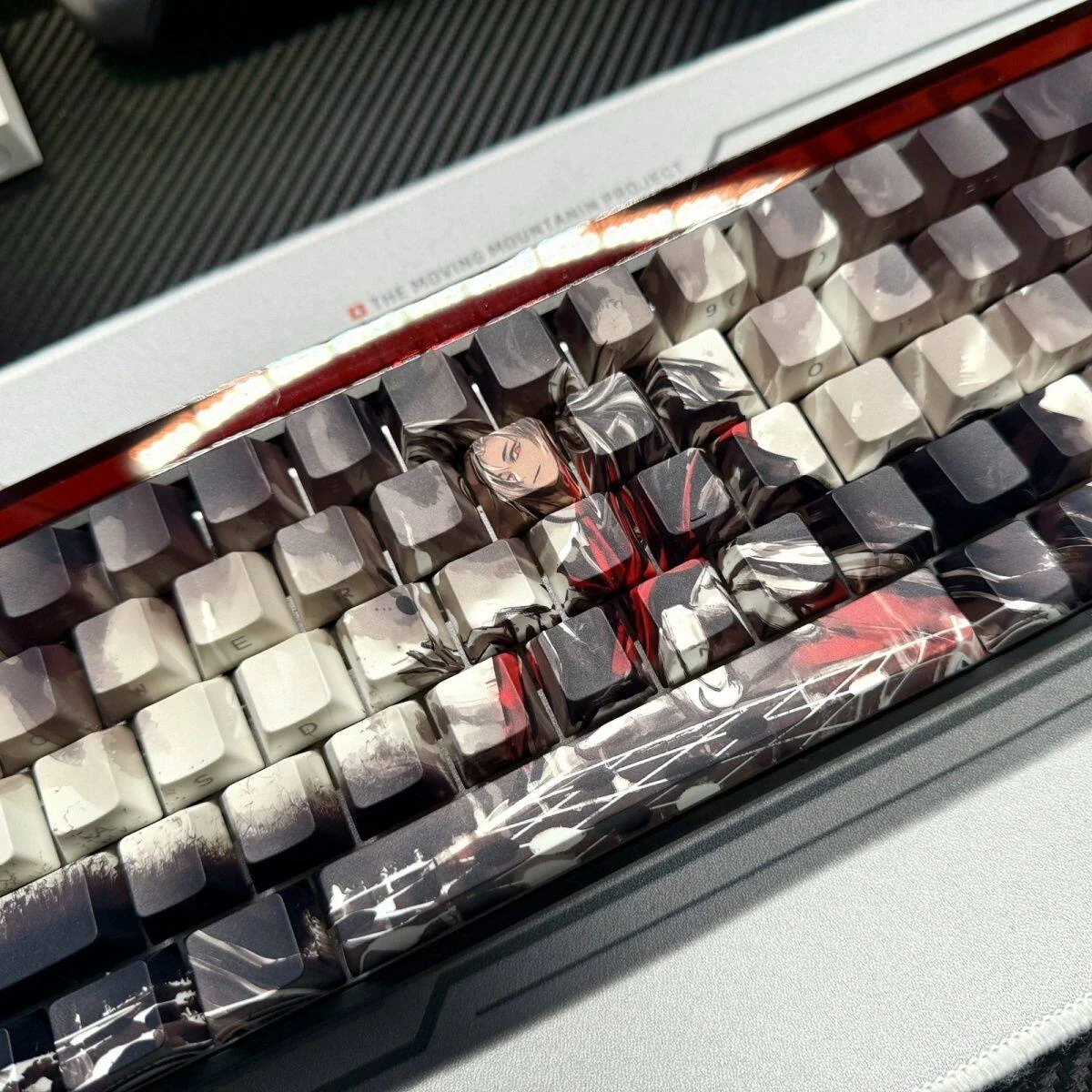 Premium PBT chess keycaps set showcasing a sophisticated monochromatic chessboard pattern and subtle, glowing side-printed legends, optimized for backlit design.