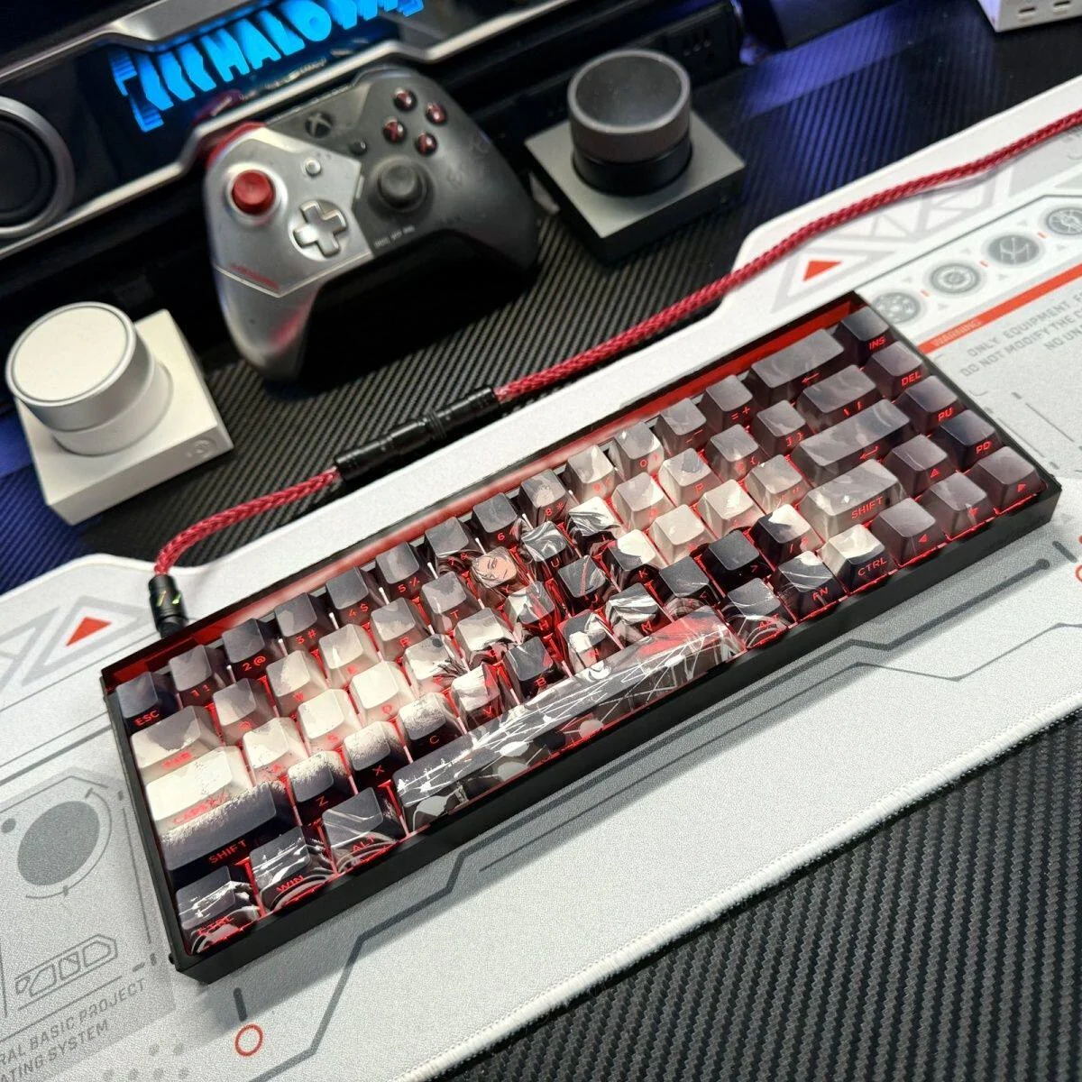 Premium PBT chess keycaps set, showcasing monochromatic chessboard side-printed legends from various angles. Backlit for a sophisticated, glowing effect.