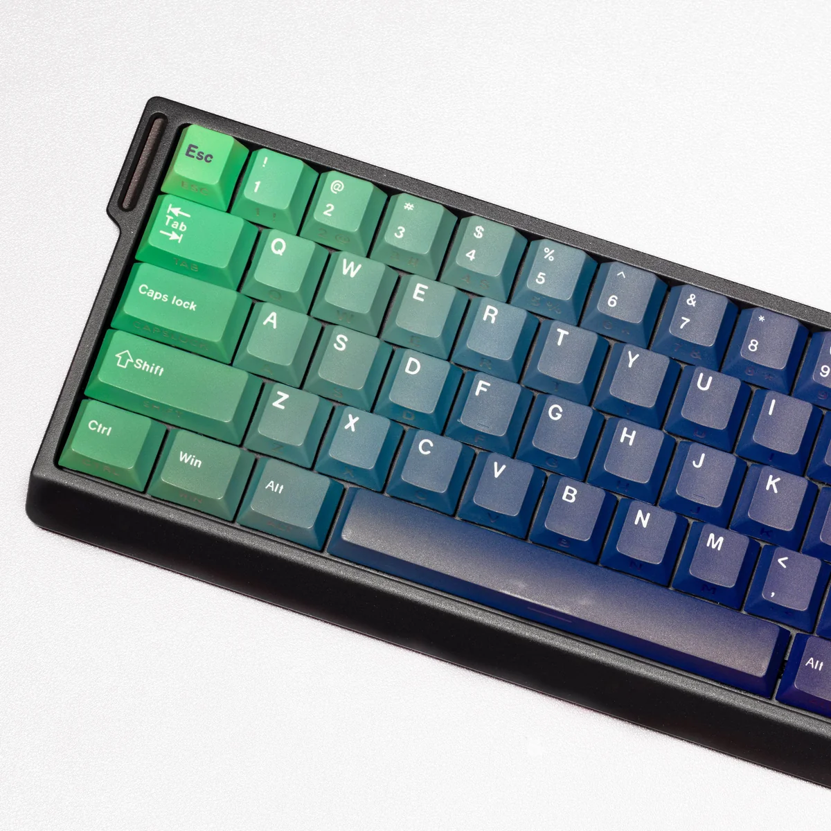 Future Gradient PBT Keycap Set: Premium PBT keycaps with stunning, dynamic gradients. Ergonomic comfort and vibrant artistry, diverse views.