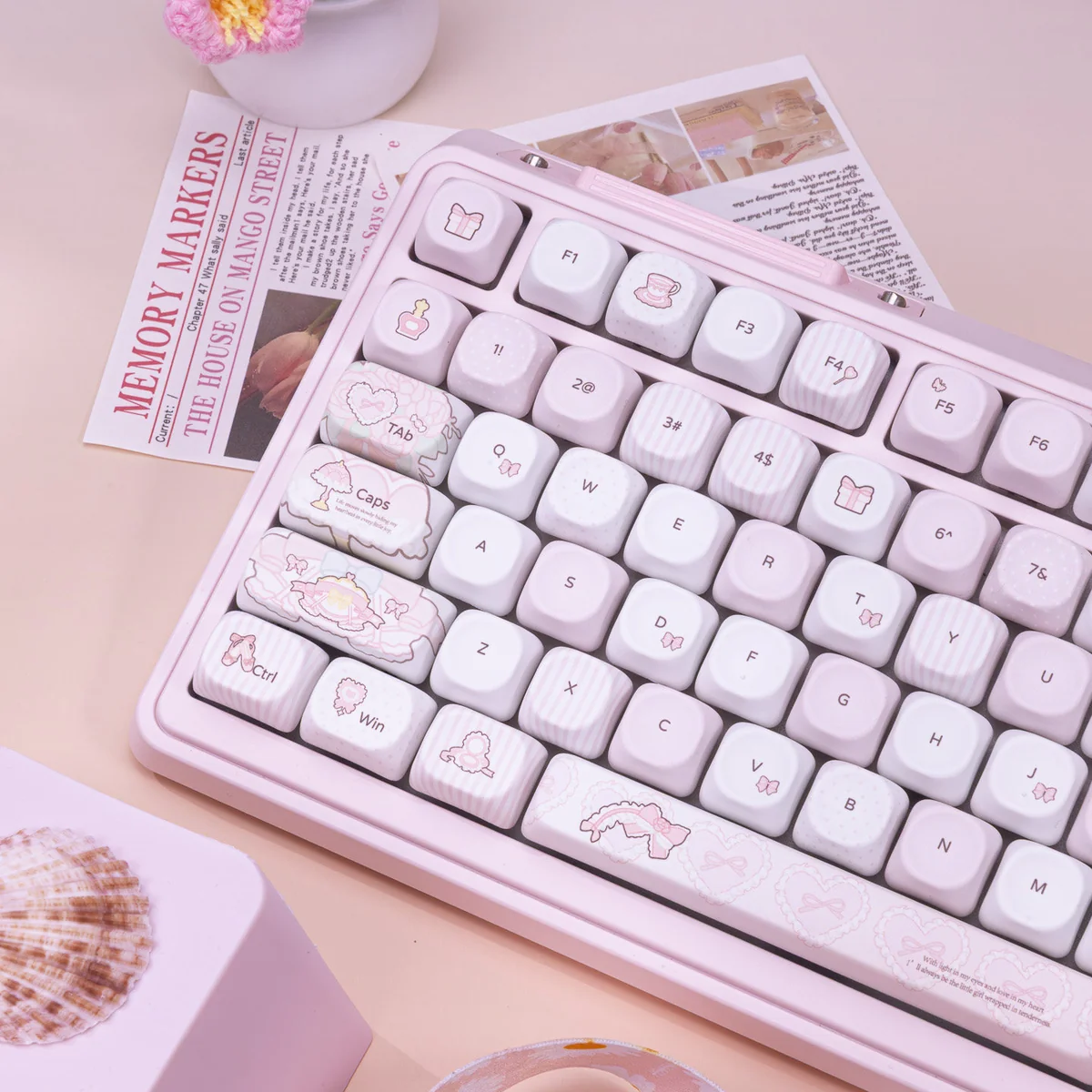 Sweet Milk Candy pink PBT keycaps set, MOA profile. Views show charming pastel colors, rounded, candy-like aesthetic, and ergonomic design.