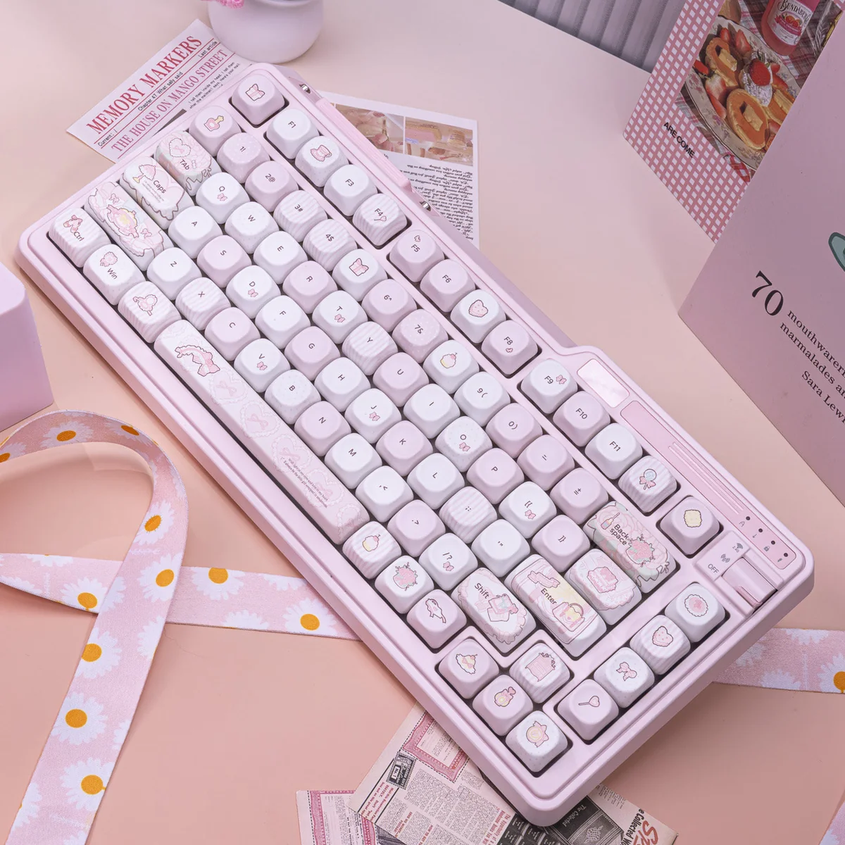 Sweet Milk Candy Pink PBT Keycaps MOA Set, showcasing soft pastel pink and creamy white rounded keycaps with an ergonomic MOA profile.