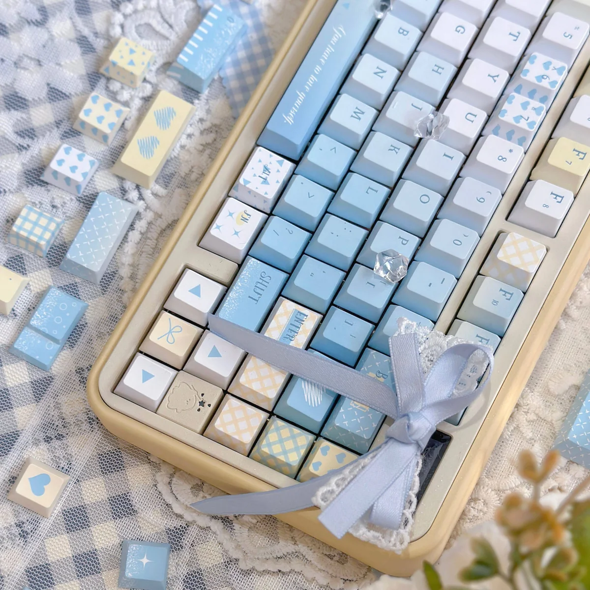 Detailed side view of the Serene 'Seven Parts Blue' PBT dye-sub keycaps set, revealing the intricate legend clarity and rich, calming blue tones.