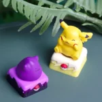 Close-up of a vibrant, handcrafted Pikachu spinning resin ESC keycap, showcasing its intricate artisan details and playful energy from a unique angle.
