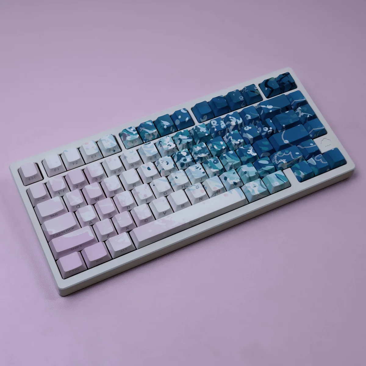 Experience the Dreamy Pink Beach PBT Keycaps Set, a serene coastal aesthetic in soft pinks and warm neutrals, evoking tranquil sunsets and sandy shores.