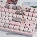 Gallery of Gentle World Pink PBT Keycap Set, showcasing various Cherry profile keys from multiple angles, highlighting the serene pastel pinks and durable PBT material.
