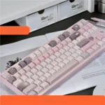 Gentle World Pink PBT Keycap Set, Cherry profile. Views show durable PBT, serene pastel pinks, and artistic 'Gentle World' graphics enhancing an aesthetics.