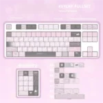 Gentle World Pink PBT Keycap Set, Cherry profile, shown from various artistic angles, emphasizing the durable PBT and serene pastel pink design.