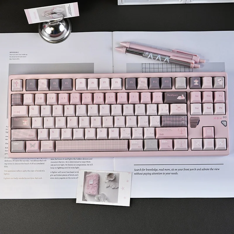 Gentle World Pink PBT Keycap Set, Cherry profile, showcasing durable PBT in serene pastel pink, perfect for an aesthetic desktop.