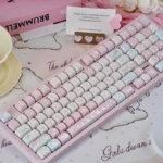 Unique Pink Rock Cat MOA Keycap Set from a new angle, revealing vibrant pink and playful rebellious cartoon cat designs, adding charming aesthetics.