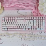 Unique Pink Rock Cat MOA Keycap Set main display, featuring vibrant pink keys and playful, rebellious cartoon rock kitten characters for a charming design.