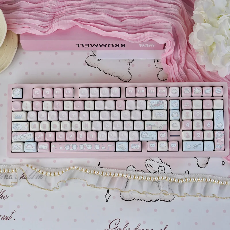 Unique Pink Rock Cat MOA Keycap Set main display, featuring vibrant pink keys and playful, rebellious cartoon rock kitten characters for a charming design.