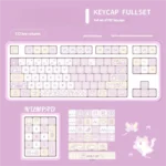 Multiple views of the adorable pink pixel cat PBT keycaps set, showcasing their charming retro design and durable quality for a playful keyboard aesthetic.