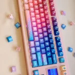 Multiple views of vibrant Pixel Space PBT Dye-sub keycaps set, showcasing intricate retro cosmic pixel art and the 8-bit space exploration aesthetic.