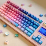 Detailed gallery views of vibrant Pixel Space PBT Dye-sub Keycaps Set, showcasing their retro cosmic pixel art and 8-bit space exploration aesthetic.