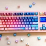 Vibrant Pixel Space PBT Dye-sub Keycaps set, showcasing retro cosmic 8-bit art for mechanical keyboards, a unique artistic accessory.