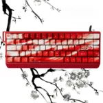 Durable PBT Plum Blossom Keycaps Set with vibrant red dye-sublimated art, evoking traditional East Asian aesthetics. High-quality artistic keycap set.