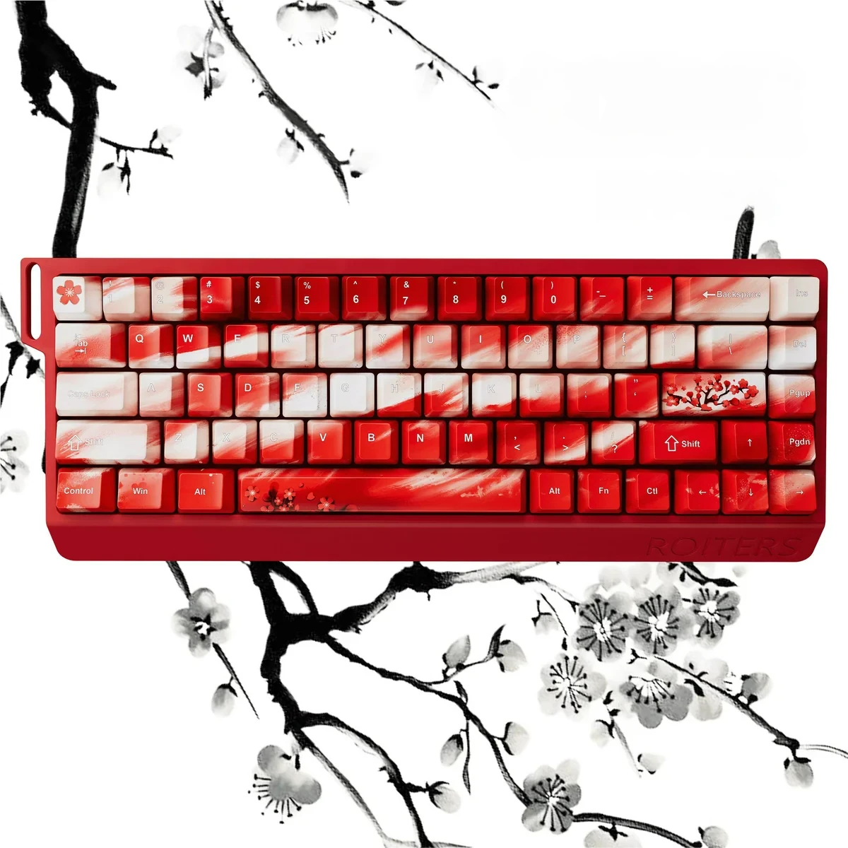 Durable PBT Plum Blossom Keycaps Set with vibrant red dye-sublimated art, evoking traditional East Asian aesthetics. High-quality artistic keycap set.